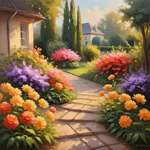 Prompt: Beautiful landscape, oil painting, vibrant flowers in a lush garden, golden hour lighting, high quality, realistic, impressionist style, vibrant colors, soft and warm lighting, detailed petals, serene atmosphere