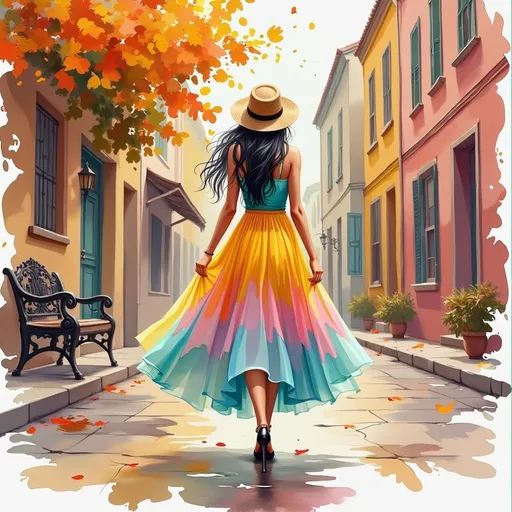 Prompt: This is a digital painting in a vibrant, impressionistic style. The central figure is a woman with long, flowing black hair, seen from the back, walking down a rainy street. She is wearing a wide-brimmed straw hat, a teal sleeveless top with subtle polka dots, and a colorful, multi-layered skirt that transitions from yellow at the bottom to pink and blue at the top. Her skirt is lifted slightly by the wind, revealing her black high heels. The rain is depicted with vertical white lines, adding a dynamic sense of movement to the scene.
The background features a narrow, wet street with reflections of the colorful light on the ground. On the left side, there is a dark, ornate iron bench, partially obscured by the rain and shadows. The buildings on the right side are painted in warm, muted colors, with visible windows and architectural details. The sky is a dramatic mix of bright yellow and orange hues, suggesting either sunrise or sunset, with orange leaves from a tree overhead adding to the vibrant atmosphere. The overall composition creates a sense of freedom and joy, despite the rainy weather.