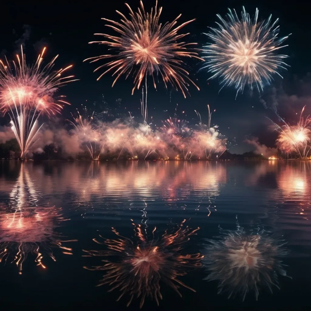 Prompt: a large group of fireworks are lit up over a lake at night time with reflections in the water and reflecting the sky, Andries Stock, video art, explosions, a stock photo