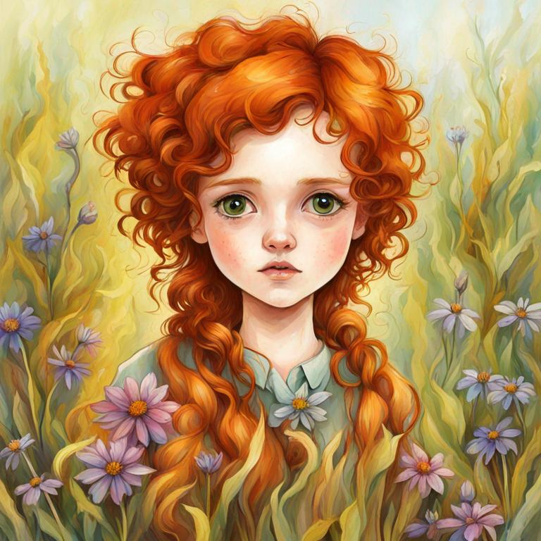Prompt: ginger haired girl, large eyes,wildflowers