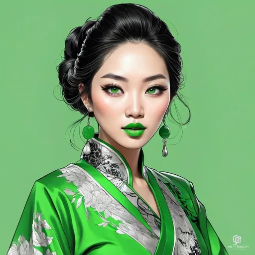 Prompt: <mymodel>Detailed illustration of a asian woman in vibrant green attire, large vivid green eyes, elegant makeup, digital painting, high resolution, realistic style, vibrant green, professional lighting