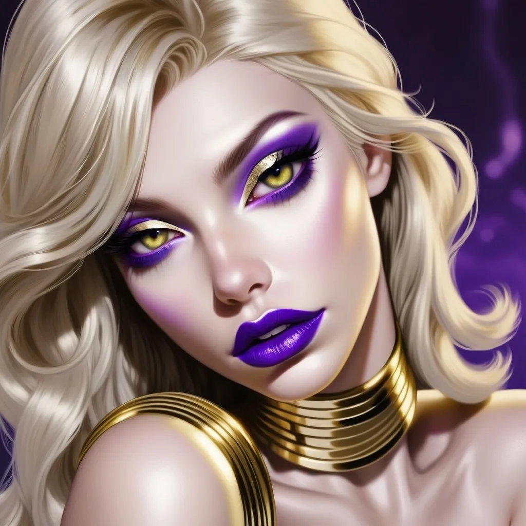 Prompt: Hypnotic bimbo  platinum  blonde   gold lips and purple eyeshadow 