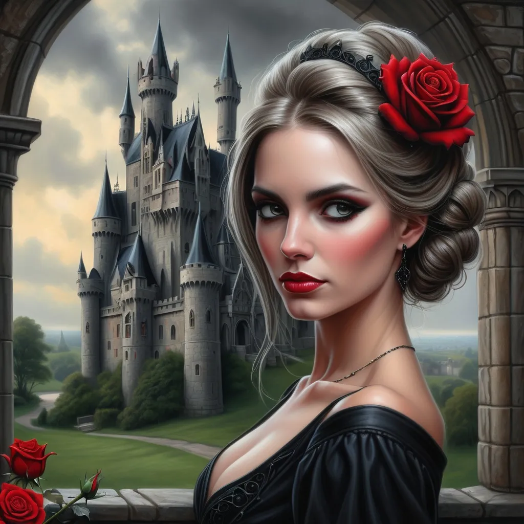 Prompt: a painting of a woman with a castle in the background and a red rose in her hair, wearing a black dress, Anne Stokes, gothic art, highly detailed digital painting, a detailed painting