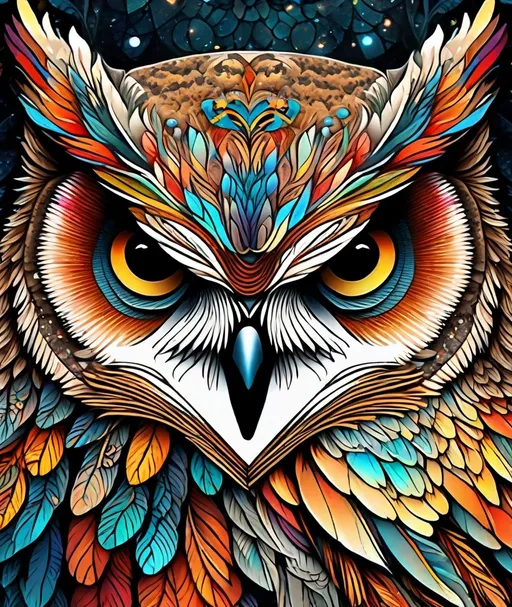 Prompt: (up-close hyper realistic owl), intricate fractal zentangle patterns, vibrant colors, a fusion of medieval and grunge styles, rich textures, magical ambiance, ethereal lighting, detailed feathers, mesmerizing eyes, enchanting atmosphere, artistic masterpiece, ultra-detailed, harmonious color palette, enchanting contrast, organic shapes, captivating artistry, complex designs.