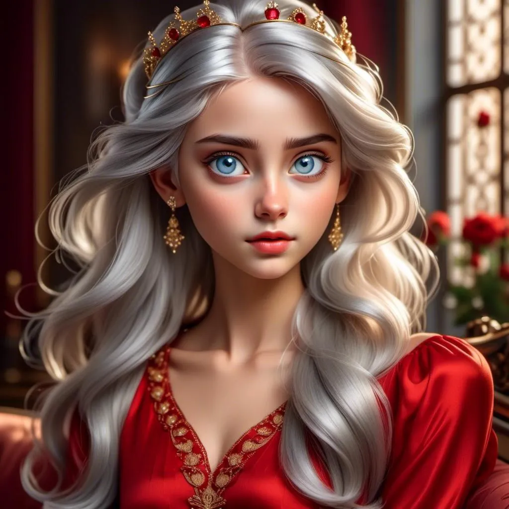 Prompt: <mymodel>High-quality digital painting of a teenage princess with blonde hair in a bun, wearing a stunning red dress, big pretty eyes, royal ambiance, detailed fabric textures, elegant crown, soft lighting, warm tones, professional, regal, detailed eyes, royal gown, digital painting, warm lighting, late teens, blonde bun hairstyle, royal ambiance