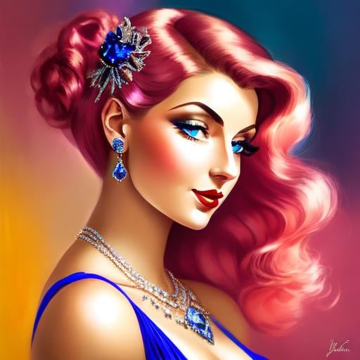 Prompt: Glamorously dressed lady of rhe 1930's wearing sapphire jewelry,blue eyes