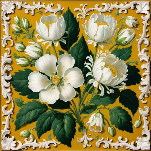 Prompt: a painting of white flowers on a yellow background with green leaves and scrolls around it, with a white frame, Ambrosius Bosschaert II, rococo, ornamental, a flemish Baroque