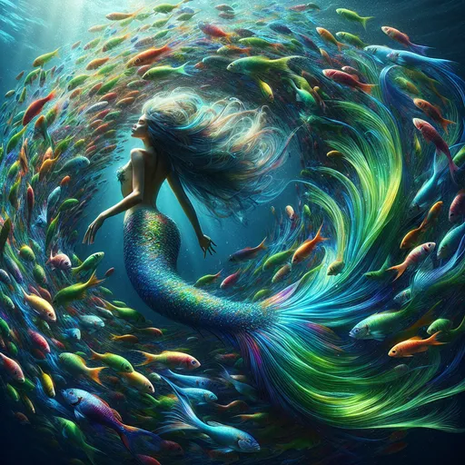 Prompt: a school of fish surrounding a mermaid