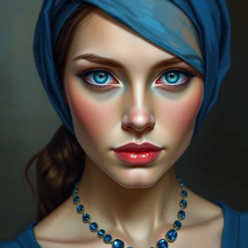 Prompt: a woman with blue eyes wearing a blue head scarf and a sapphire necklace, Art Brenner, figurative art, highly detailed digital painting, a photorealistic painting