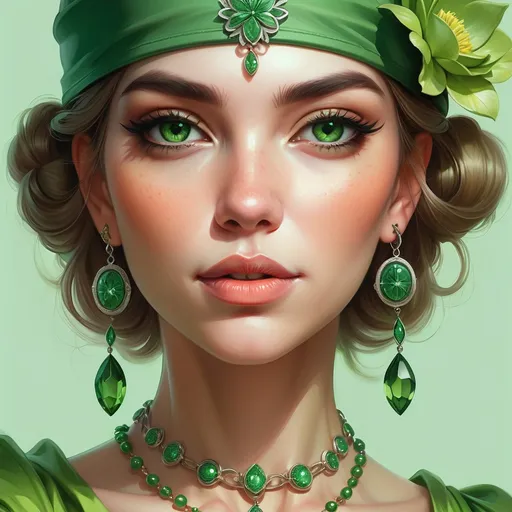 Prompt: a woman wearing a green hat and green jewelry with a flower on her head and a green dress and necklace, Artgerm, fantasy art, highly detailed digital painting, a detailed painting