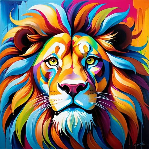 Prompt: Abstract surrealism painting of a majestic lion, vibrant and bold brushstrokes, exaggerated features, vivid colors, dreamlike atmosphere, high quality, surrealism, vibrant colors, abstract art, majestic lion, dreamlike, bold brushstrokes