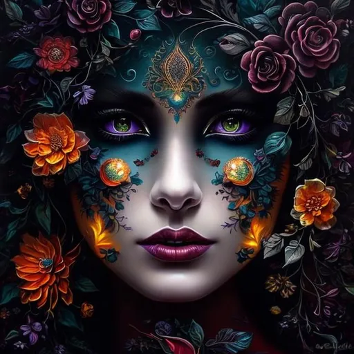 Prompt: Beautiful  hybrid woman with flowers sprouting from her, oil painting, detailed fiery eyes, ethereal glow, dark and mysterious, high quality, vibrant colors, surreal, haunting, intricate floral details, intense gaze, mystical atmosphere, oil painting, demon, hybrid, fiery eyes, ethereal, vibrant colors, surreal, haunting, floral details, intense gaze, mystical atmosphere