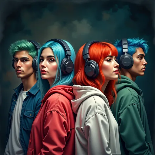 Prompt: Vibrant hues of blue, green, and red dominate a striking scene where four young people stand shoulder to shoulder, each wearing oversized headphones that echo their unique hair colors. The individuals exhibit a variety of hairstyles: the boy on the left has bright teal hair, while the girl in the center sports a mix of blue and green, framed by a casual white top and a vivid red hoodie. Next to her, a boy with fiery red hair exudes confidence, turning slightly towards his left, and contrasting on the right is a figure with short blue hair attired in a cool green hoodie. Set against a dark backdrop, the bold color scheme and soft lighting create a modern, energetic atmosphere, evoking a sense of camaraderie and youthful creativity that pulses within the music they seem to share.