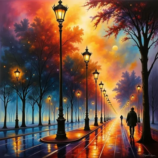 Prompt: a painting of a rainy street with a lamp post and street lights on it and a person walking down the street, Evgeny Lushpin, fantastic realism, atmospheric lighting, a photorealistic painting