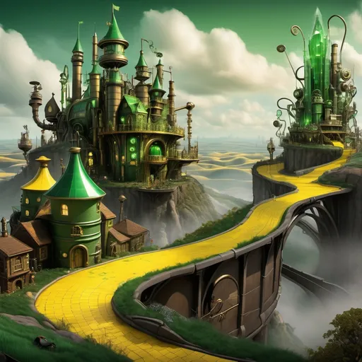 Prompt: A steampunk version of The Emerald City Of Oz with the Yellow Brick Road