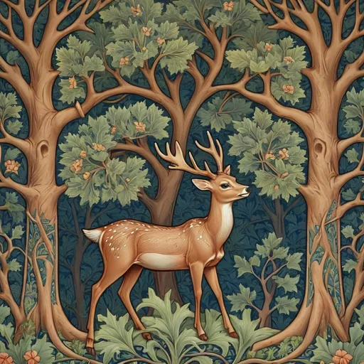 Prompt: An illustration of deer and a tree in the artistic style of William Morris