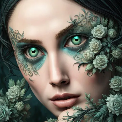 Prompt: ((Cinematic)) ((photorealistic full-body portrait)) of a mysterious hybrid creature, a fusion of dark ((floral)) and ((mechanical)) elements, wandering through an enchanted forest of bioluminescent trees and glowing plants. This unique being, with a body covered in thorny roses and intricate gears, has piercing, crimson eyes that emit an eerie, mesmerizing light. It explores the surreal, shadowy landscape, a realm where nature and technology coexist in a sinister harmony. Delicate, dark flowers intertwined with polished metal vines and sharp thorns form a haunting, intricate pattern on the creature's skin. High detail, UHD 4k wallpaper, by H.R. Giger, Brom, Dave Rapoza, and Abigail Larson.
