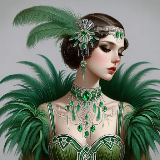 Prompt: a woman in a green dress with feathers on her head and a tiara on her head, with a feathery collar and a green jeweled necklace, Edwin Georgi, art deco, highly detailed digital painting, an art deco painting