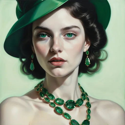 Prompt: a painting of a woman with fair skin  adorned with emeralds