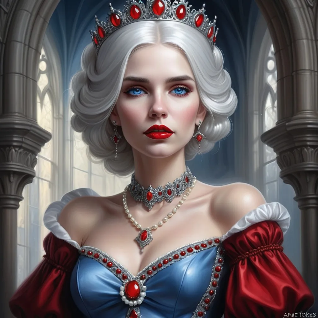 Prompt: a woman with  white hair, blue eyes, red lips, a tiara and pearls on her head and a red lip and a blue dress with a red and white collar, Anne Stokes, gothic art, highly detailed digital painting, a detailed painting