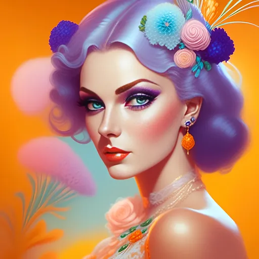 Prompt: <mymodel>dynamic composition of a pale skinned woman with hair of flowers and peacock plummage  of aqua, orange and purplepurple, ornate details,lacey clothes, facial closeup