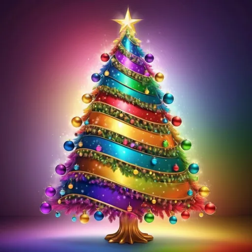 Prompt: Rainbow Christmas tree, vibrant and colorful, festive ornaments, sparkling lights, high quality, digital art, rainbow colors, holiday theme, joyful atmosphere, warm lighting