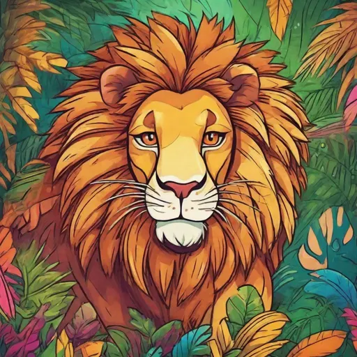 Prompt: Cartoon drawing of a lion, vibrant colors, playful and friendly expression, jungle setting, detailed fur with lively texture, high quality, cartoon style, vibrant tones, jungle lighting