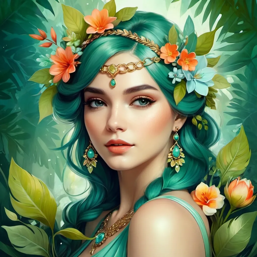 Prompt: a woman with flowers in her hair and a necklace on her head, surrounded by leaves and flowers, is shown in a digital painting style, Anna Dittmann, fantasy art, highly detailed digital painting, a detailed painting