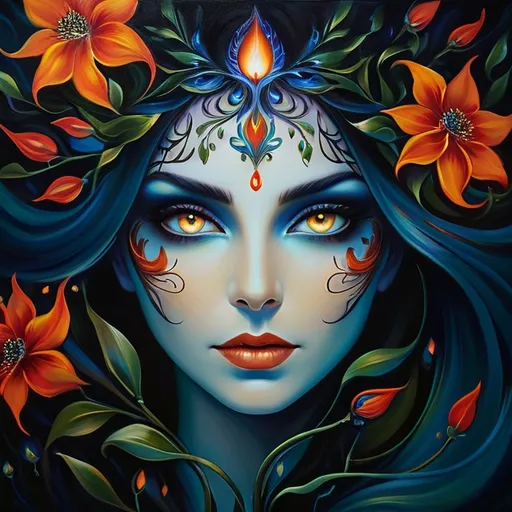 Prompt: Beautiful  hybrid woman with flowers sprouting from her, oil painting, detailed fiery eyes, ethereal glow, dark and mysterious, high quality, vibrant colors, surreal, haunting, intricate floral details, intense gaze, mystical atmosphere, oil painting, demon, hybrid, fiery eyes, ethereal, vibrant colors, surreal, haunting, floral details, intense gaze, mystical atmosphere