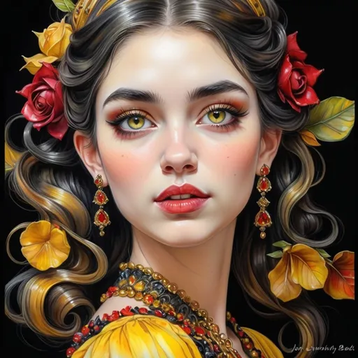 Prompt: <mymodel> beautiful woman, hair pinned up, yellow red black dress, earrings, Watercolor, trending on artstation, sharp focus, studio photo, intricate details, highly detailed, by  Josephine Wall and Jasmine Becket-Griffith