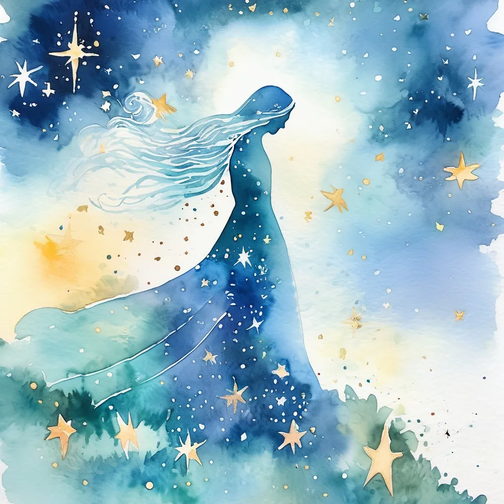 Prompt: Figurative watercolor of a human figure composed of starlight, dreamy and etherial, hopeful and optimistic 