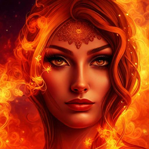 Prompt: fairy goddess, warm colors, fiery background, closeup