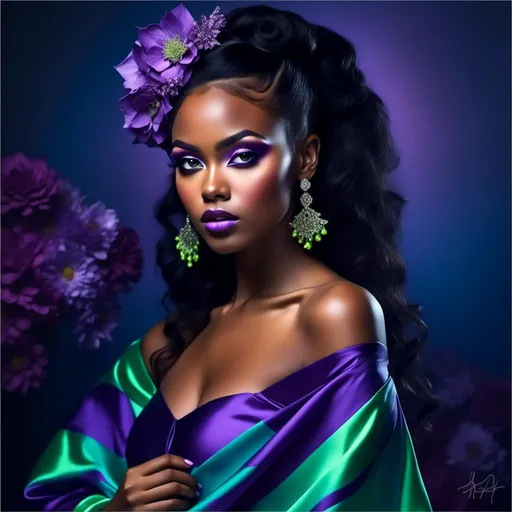 Prompt: A portrait of a beautiful black woman with colors of purple and lime green<mymodel>