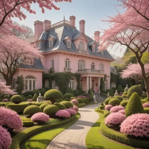 Prompt: Bathed in soft sunlight, an elegant pink mansion stands gracefully amidst a lush garden, adorned with vibrant cherry blossom trees in full bloom. The meticulously landscaped grounds feature curved pathways lined with perfectly pruned hedges and clusters of soft pink flowers, inviting visitors to wander through the serene space. A rich array of green topiary complements the pastel tones of the house, emphasizing the harmony between architecture and nature. The scene evokes a tranquil, idyllic atmosphere, reminiscent of a serene spring day, where beauty and elegance intertwine beautifully.