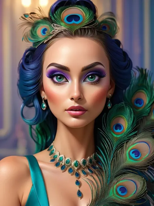 Prompt: Gorgeous woman with beautiful makeup and hair, peacock feathers, high-quality, detailed, realistic, elegant, vibrant colors, professional makeup, glamorous lighting, 4k resolution, portrait, detailed facial features, luxurious, exotic, peacock feathers, elegant hairstyle, stunning makeup, beauty shot