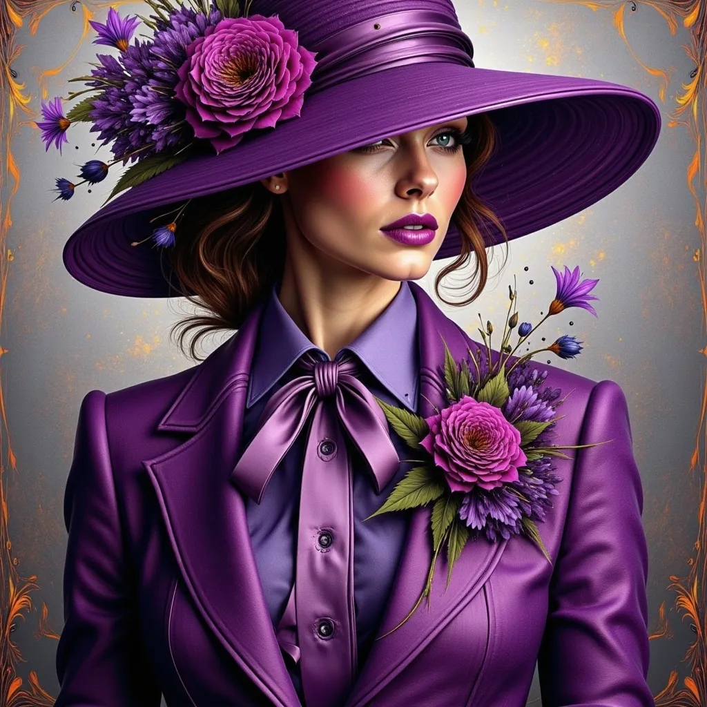 Prompt: a woman wearing a purple hat with flowers on it's side and a purple dress coat and tie, Araceli Gilbert, synchromism, purple, a photorealistic painting