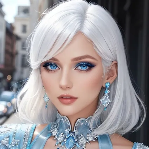 Prompt: A beautiful woman, white hair, blue eyes, blue eyeshadow, blue jewels o