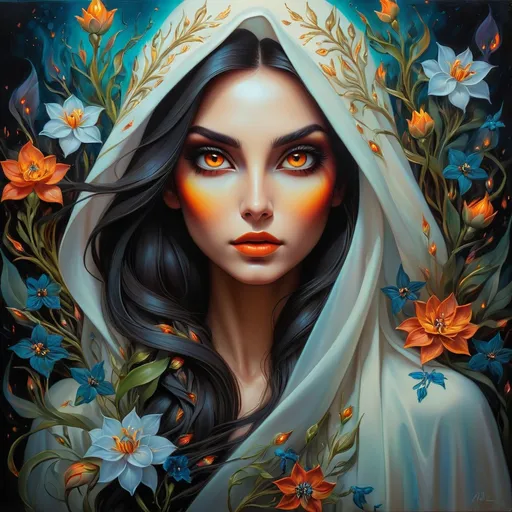 Prompt: Beautiful  hybrid woman with flowers sprouting from her, oil painting, detailed fiery eyes, ethereal glow, dark and mysterious, high quality, vibrant colors, surreal, haunting, intricate floral details, intense gaze, mystical atmosphere, oil painting, demon, hybrid, fiery eyes, ethereal, vibrant colors, surreal, haunting, floral details, intense gaze, mystical atmosphere