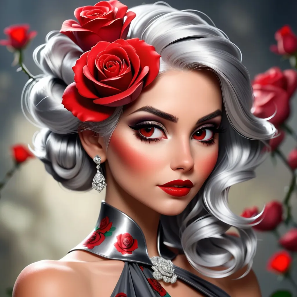 Prompt: A beautiful woman with shiny silver hair, beautiful makeup, wearing a red rose in her hair