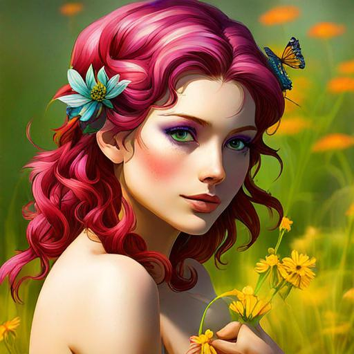 Prompt: a fairy of spring, ,wildflowers, vivid colors,  facial closeup