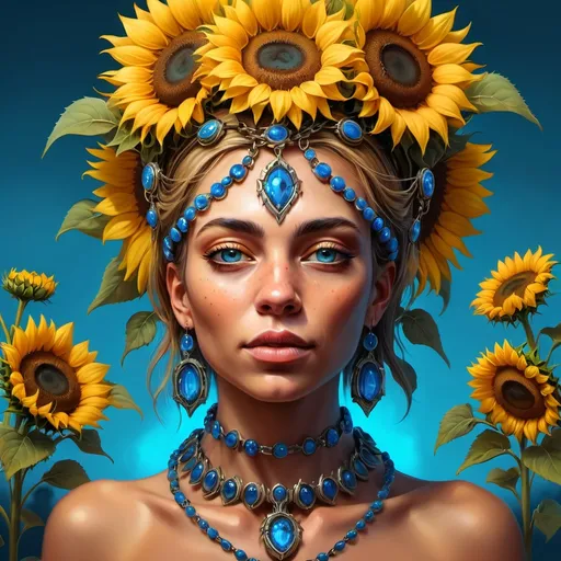 Prompt: a woman with sunflowers on her head and a necklace on her neck, with a blue background, Android Jones, fantasy art, highly detailed digital painting, a digital painting