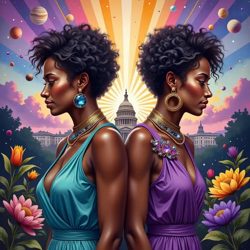 Prompt: This is a digitally created, vibrant, and surreal artwork featuring two identical African-American women standing back-to-back, facing opposite directions. Both women have dark, rich brown skin and are adorned with elegant, golden jewelry, including large, circular earrings and intricate necklaces with blue and purple gemstones. They have short, natural afro hairstyles and are wearing sleeveless, low-cut tops in contrasting colors – one in turquoise and the other in purple. The woman on the left has a turquoise top, while the one on the right wears purple. A blue gemstone brooch is visible on the left woman's upper arm.

The background is a colorful, cosmic scene with a radiant burst of light at the center, creating a starburst effect with beams of yellow, pink, and purple. Surrounding the light are various planets and stars, adding to the surreal atmosphere. In the lower background, there is a silhouette of a dome-shaped building, possibly resembling a government or historical building, surrounded by lush, colorful foliage. The overall style is a blend of realism and fantasy, with a strong emphasis on vibrant colors and detailed textures, creating a visually striking and otherworldly image.