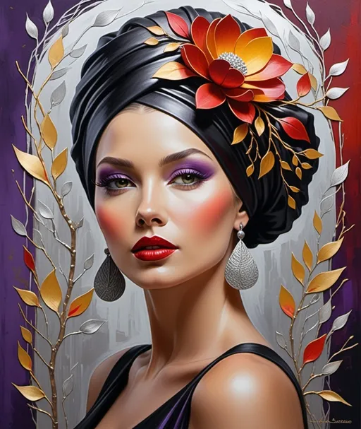 Prompt: Figurative art, textured painting, acrylic 3d texture, a painting of a woman with sculptural turban hair made of branches and gradient red yellow purple cartonnage flowers flowing in the wind, wearing a black high neck dress, Anna Silivonchik, Caia Koopman, endre penovac, abstract silver copper patina background, highly detailed digital painting, a fine art painting