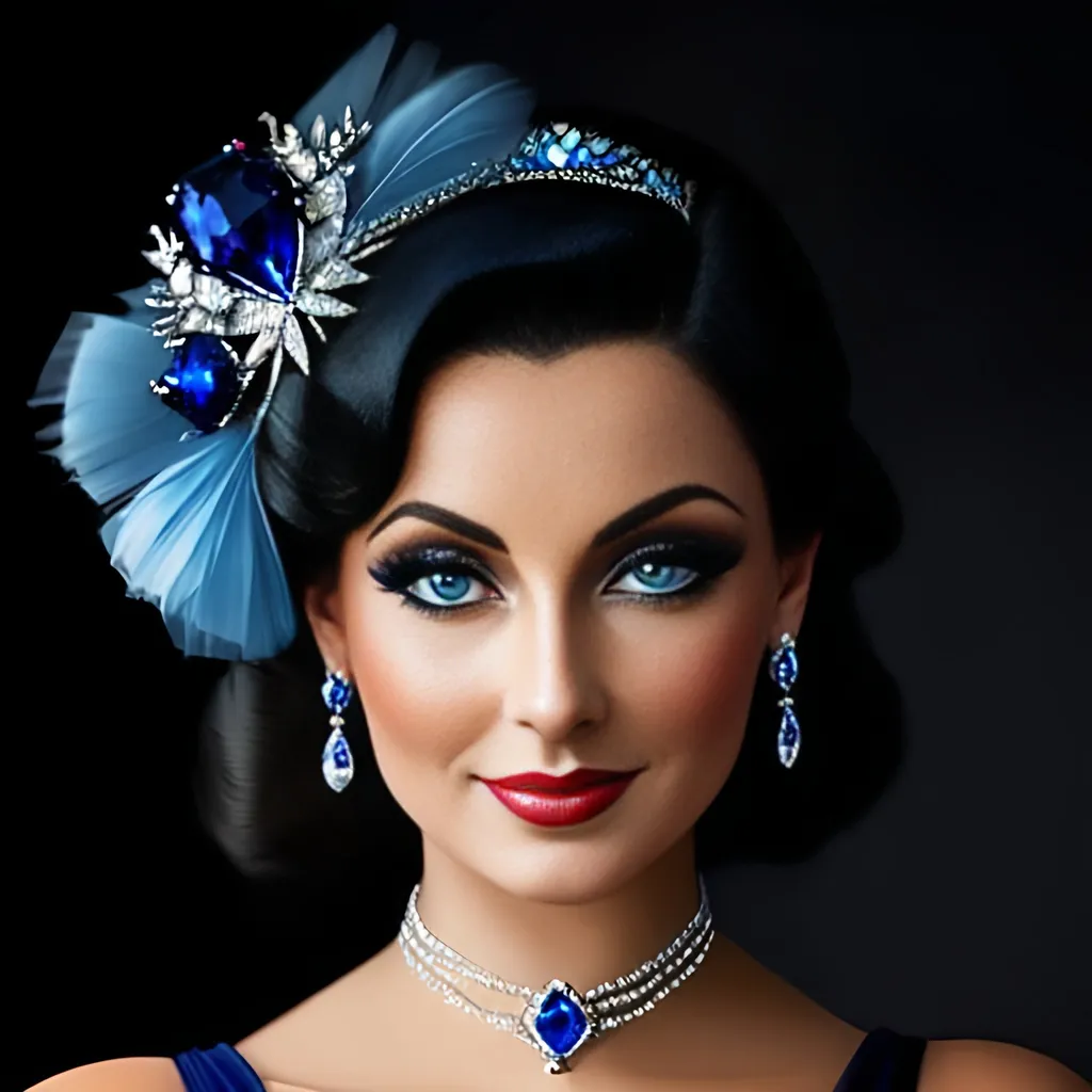 Prompt: Glamorously dressed lady of rhe 1930's wearing sapphire jewelry,blue eyes