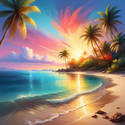 Prompt: Vibrant digital painting of a serene sea landscape, crystal clear water, golden sandy beach, colorful coral reefs, tropical palm trees swaying gently, breathtaking sunset reflecting on the water, high quality, detailed, vibrant colors, digital painting, tropical, serene atmosphere, sunset lighting