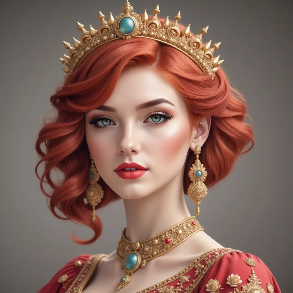 Prompt: <mymodel> a woman in a red dress with gold trimmings and a tiara on her head and shoulders, Chen Hong, fantasy art, highly detailed digital painting, a detailed painting