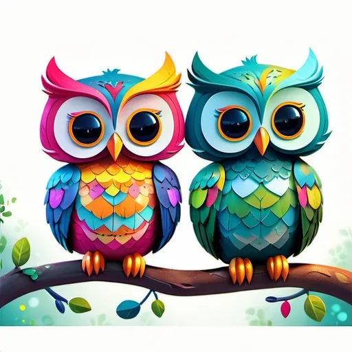 Prompt: Cartoon-style illustration of adorable owls, vibrant and colorful feathers, playful and expressive facial features, whimsical woodland setting, lush and vibrant vegetation, high quality, vibrant colors, cute, cartoon style, playful, whimsical, vibrant lighting