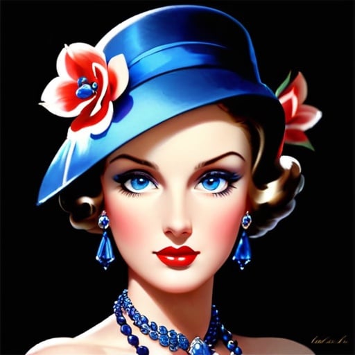 Prompt: Glamorously dressed lady of rhe 1930's wearing sapphire jewelry,blue eyes