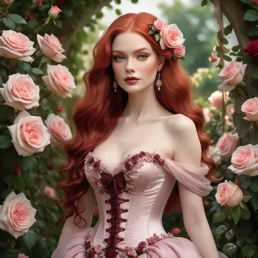 Prompt: Radiating confidence and charm, a graceful woman stands elegantly amidst a lush garden adorned with blooming roses. Her long, cascading red hair, enhanced with delicate floral accessories, frames her striking features as she exhibits a poised expression. Dressed in a sophisticated corseted gown composed of soft pink and rich burgundy, the garment features intricate details like floral embellishments and sheer layers that flow beautifully as she holds the hem. Set against an enchanting backdrop of ornate architecture bathed in warm sunlight, the entire scene exudes a whimsical, fairy-tale atmosphere filled with a vibrant, romantic essence. The playful petals drifting in the gentle breeze enhance the dreamy quality of this picturesque moment.