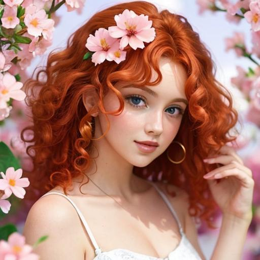 Prompt: a beautiful woman , ginger  very curly hair, lots of pretty pink flowers